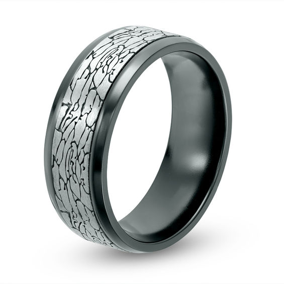8.0mm Crackle-Pattern Comfort Fit Wedding Band in Black Titanium and Tantalum - Size 10