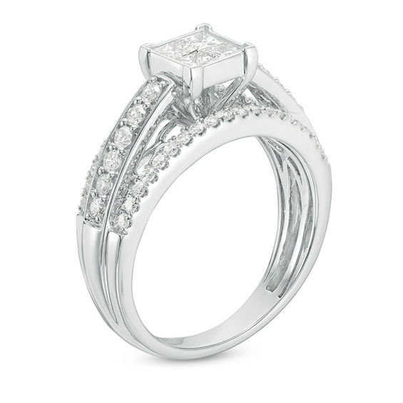 1 CT. T.w. Quad Princess-Cut Diamond Three Row Engagement Ring in 14K White Gold
