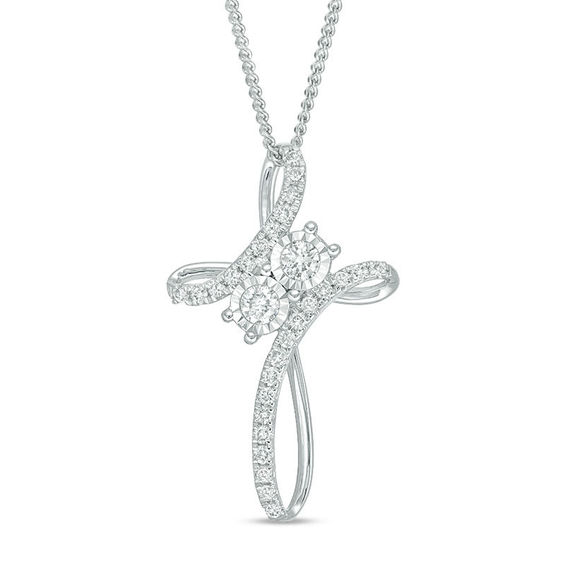 Ever UsÂ® 1/4 CT. T.w. Diamond Two-Stone Bypass Cross Pendant in 14K White Gold - 19"