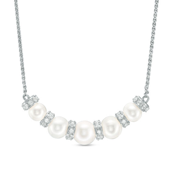 6.0-8.0mm Cultured Freshwater Pearl and Lab-Created White Sapphire Bolo Necklace in Sterling Silver - 26"