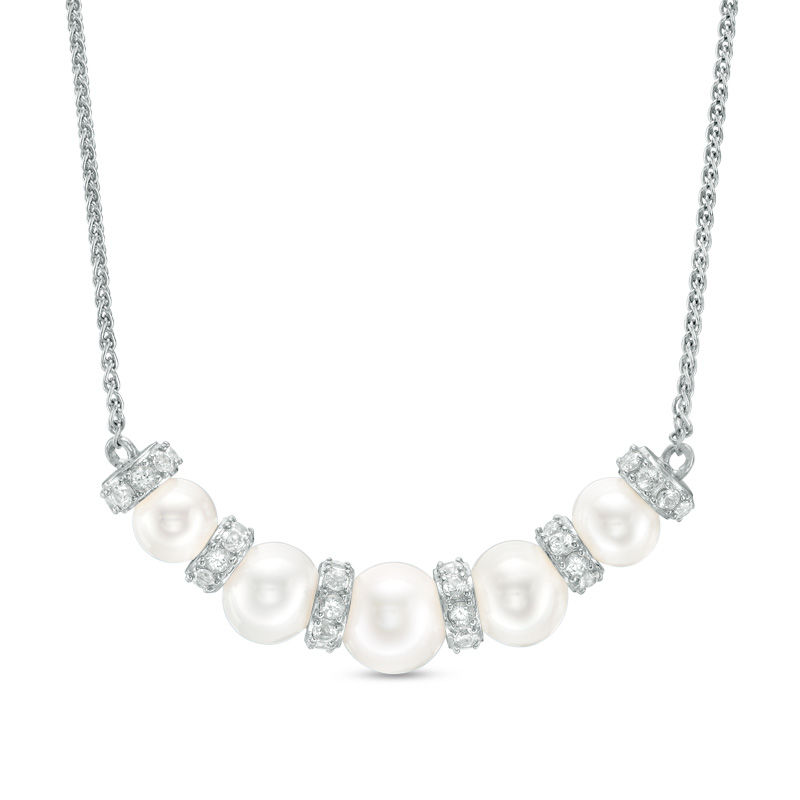 Main Image 1 of 6.0-8.0mm Freshwater Cultured Pearl and Lab-Created White Sapphire Bolo Necklace in Sterling Silver-26"