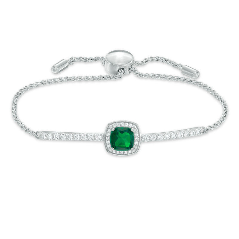 Main Image 1 of 7.0mm Cushion-Cut Green Quartz Doublet and Lab-Created White Sapphire Frame Bolo Bracelet in Sterling Silver - 9.0"