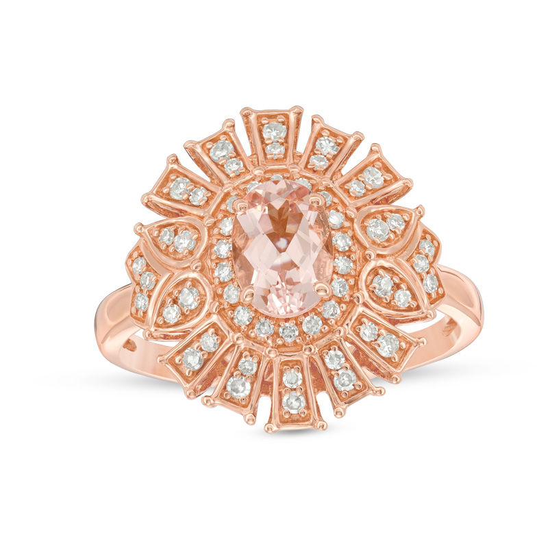 Oval Morganite and 1/5 CT. T.W. Diamond Art Deco Frame Ring in 10K Rose Gold