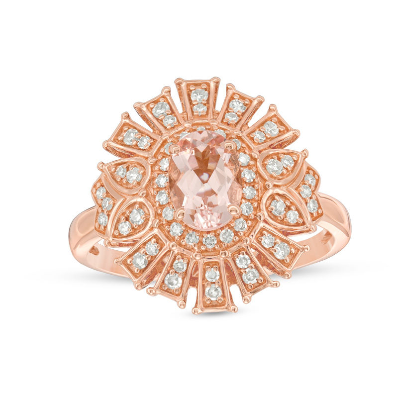 Main Image 1 of Oval Morganite and 1/5 CT. T.W. Diamond Art Deco Frame Ring in 10K Rose Gold
