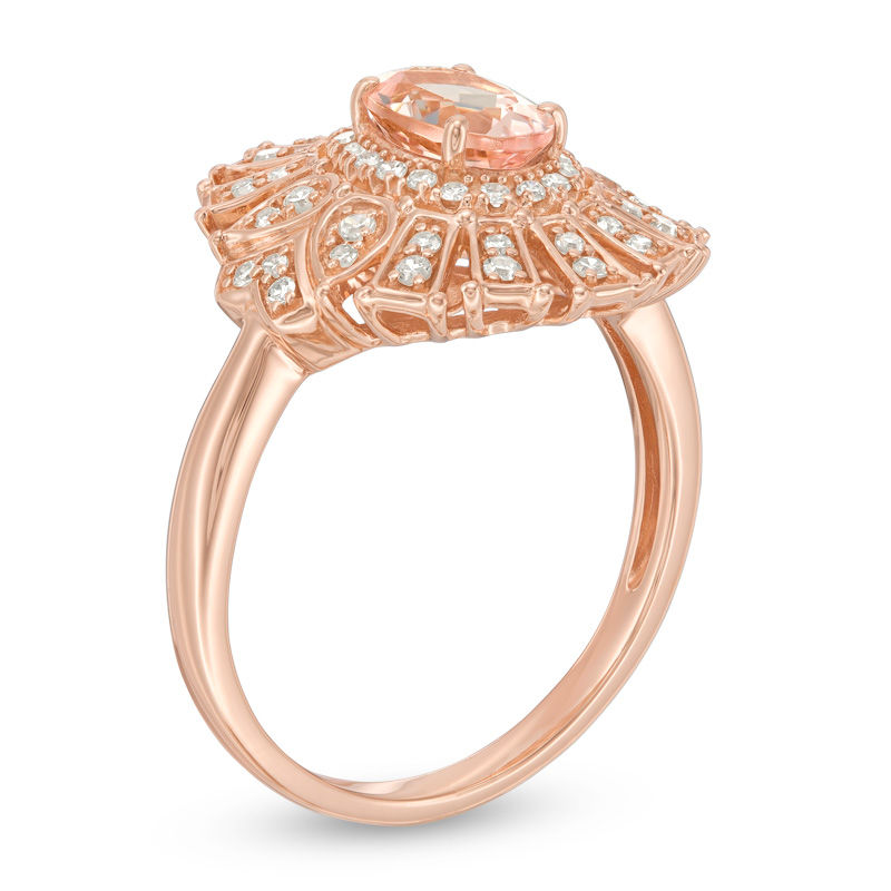 Main Image 2 of Oval Morganite and 1/5 CT. T.W. Diamond Art Deco Frame Ring in 10K Rose Gold