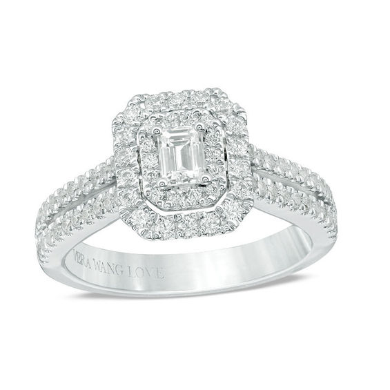 Vera Wang Love Collection 1 CT. T.w. Emerald-Cut Diamond Double Frame Engagement Ring in 14K White Gold