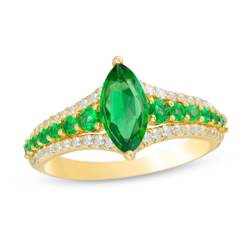 Main Image 1 of Marquise Lab-Created Emerald and White Sapphire Ring in 10K Gold
