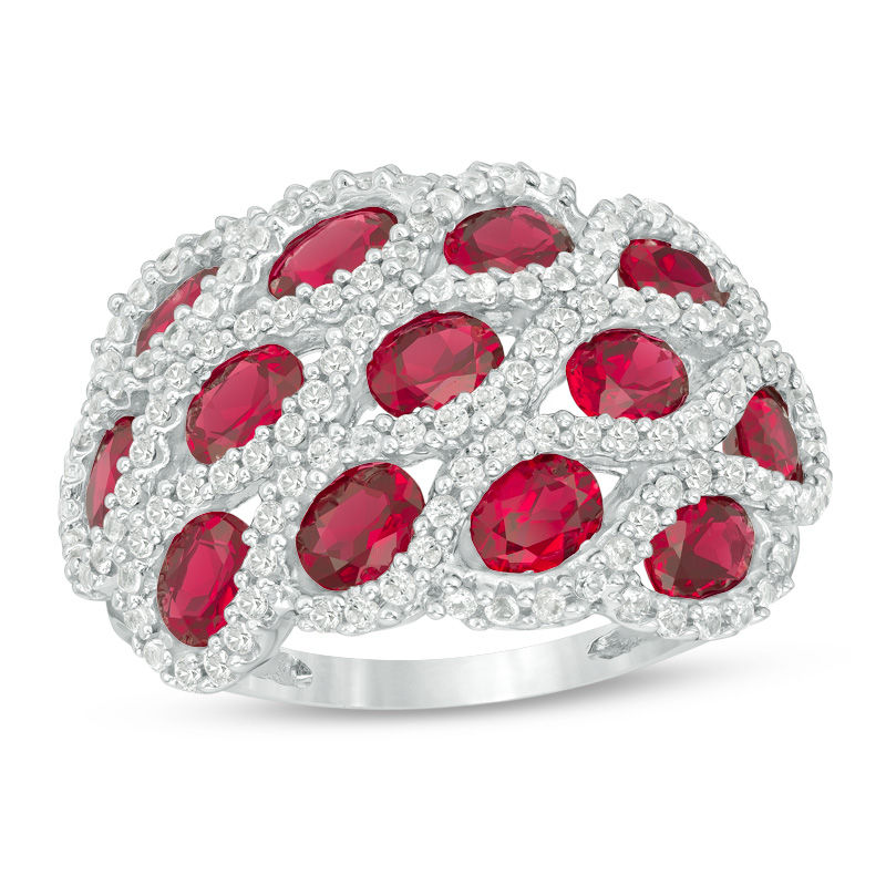 Main Image 1 of Oval Lab-Created Ruby and White Sapphire Wave Ring in Sterling Silver