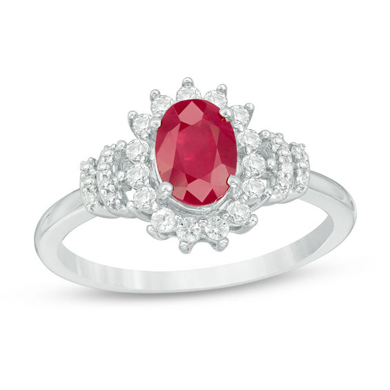 Oval Lab-Created Ruby and White Sapphire Sunburst Frame Collar Ring in 10K White Gold
