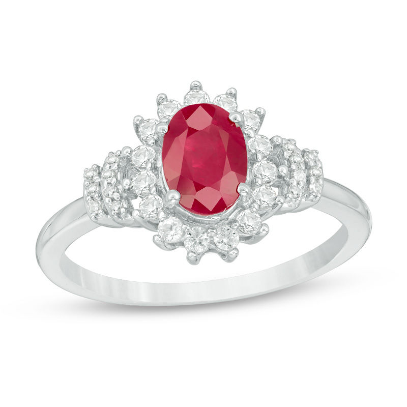 Main Image 1 of Oval Lab-Created Ruby and White Sapphire Sunburst Frame Collar Ring in 10K White Gold