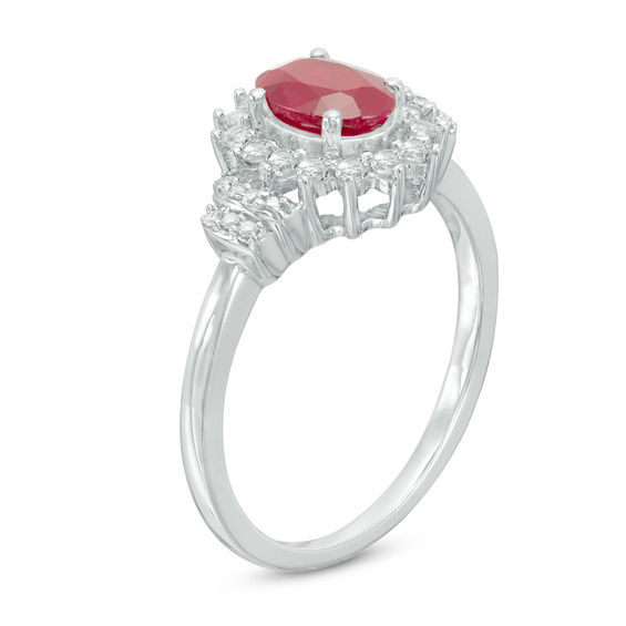 Oval Lab-Created Ruby and White Sapphire Sunburst Frame Collar Ring in 10K White Gold