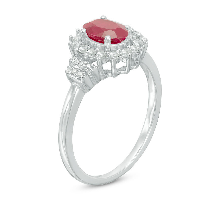Main Image 2 of Oval Lab-Created Ruby and White Sapphire Sunburst Frame Collar Ring in 10K White Gold