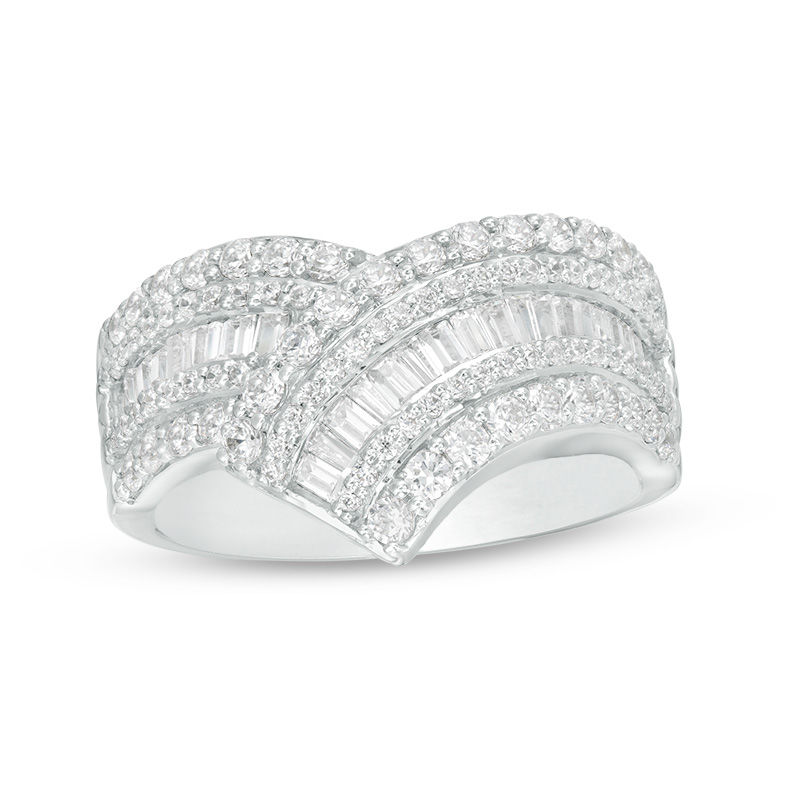 Main Image 1 of 1 CT. T.W. Baguette and Round Diamond Chevron Ring in 10K White Gold