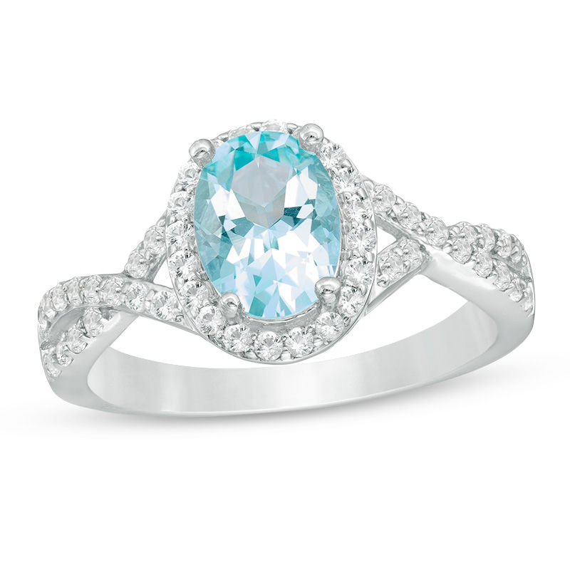 Main Image 1 of Oval Blue and White Topaz Frame Twist Shank Ring in Sterling Silver