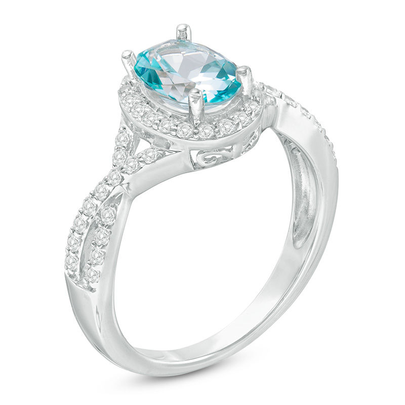 Main Image 2 of Oval Blue and White Topaz Frame Twist Shank Ring in Sterling Silver