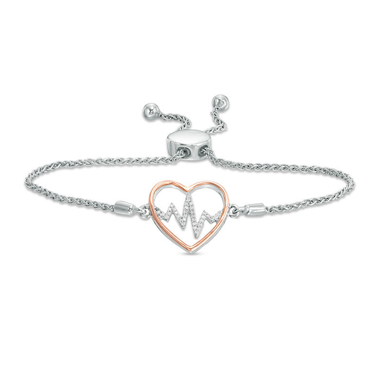Main Image 1 of 1/10 CT. T.W. Diamond Heartbeat Bolo Bracelet in Sterling Silver and 10K Rose Gold - 9.5"