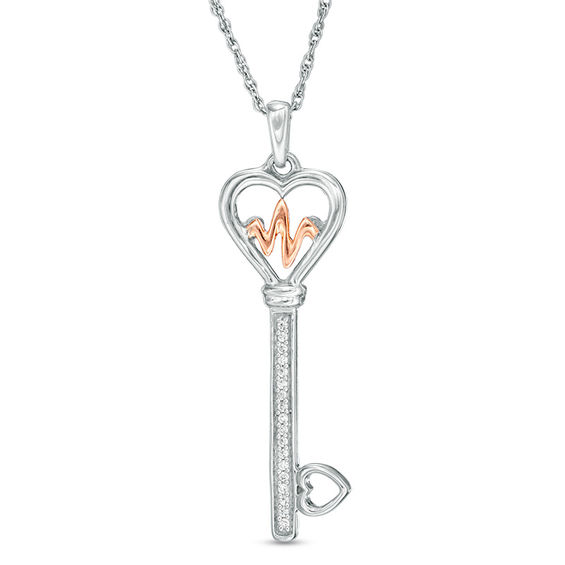 1/20 CT. T.w. Diamond Heartbeat Heart-Top Key Pendant in Sterling Silver and 10K Rose Gold