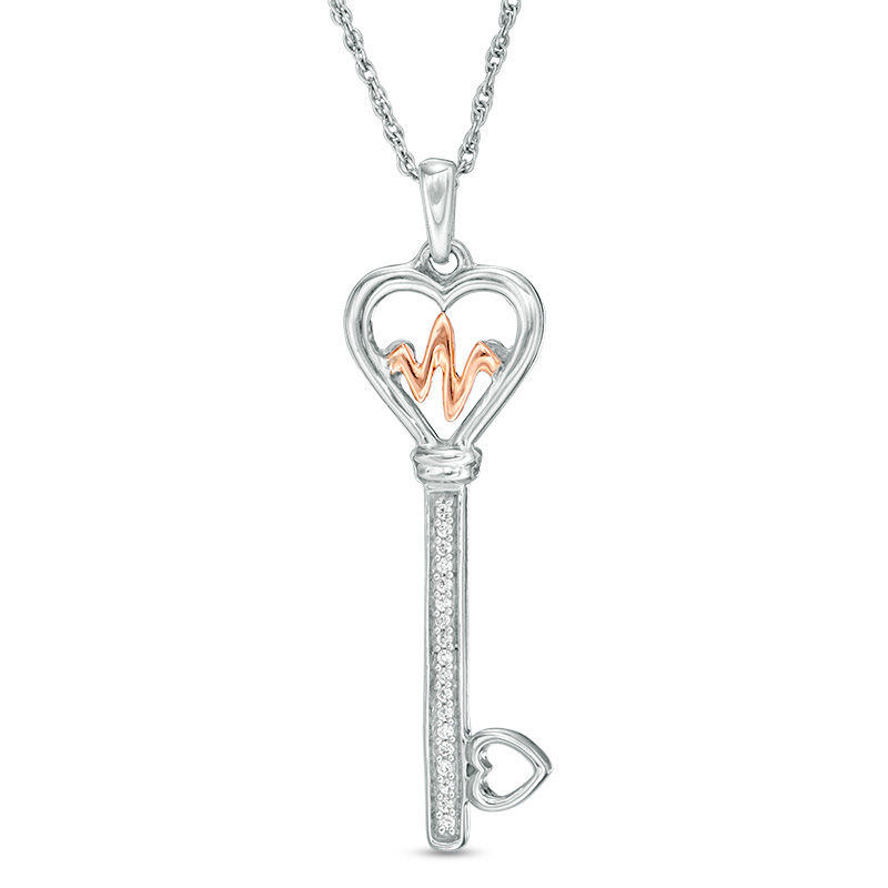Main Image 1 of 1/20 CT. T.W. Diamond Heartbeat Heart-Top Key Pendant in Sterling Silver and 10K Rose Gold