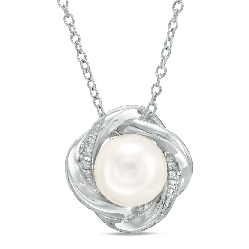 Main Image 1 of 8.0mm Freshwater Cultured Pearl and Lab-Created White Sapphire Love Knot Pendant in Sterling Silver
