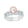 Thumbnail Image 1 of 7.0-7.5mm Cultured Freshwater Pink Pearl and Lab-Created White Sapphire Marquise Bridal Set in Sterling Silver