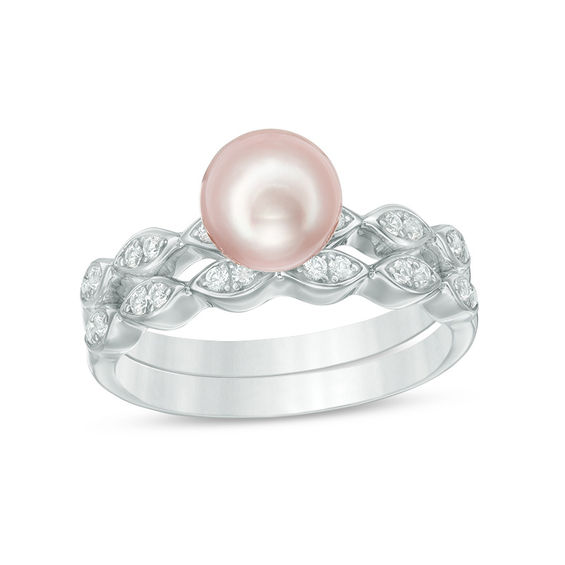 7.0-7.5mm Cultured Freshwater Pink Pearl and Lab-Created White Sapphire Marquise Bridal Set in Sterling Silver
