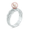 Thumbnail Image 2 of 7.0-7.5mm Cultured Freshwater Pink Pearl and Lab-Created White Sapphire Marquise Bridal Set in Sterling Silver