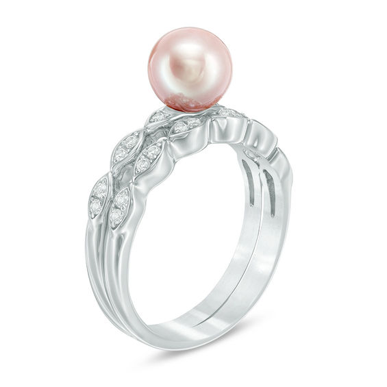 7.0-7.5mm Cultured Freshwater Pink Pearl and Lab-Created White Sapphire Marquise Bridal Set in Sterling Silver