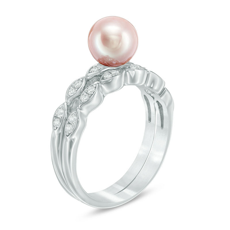 Main Image 2 of 7.0-7.5mm Cultured Freshwater Pink Pearl and Lab-Created White Sapphire Marquise Bridal Set in Sterling Silver