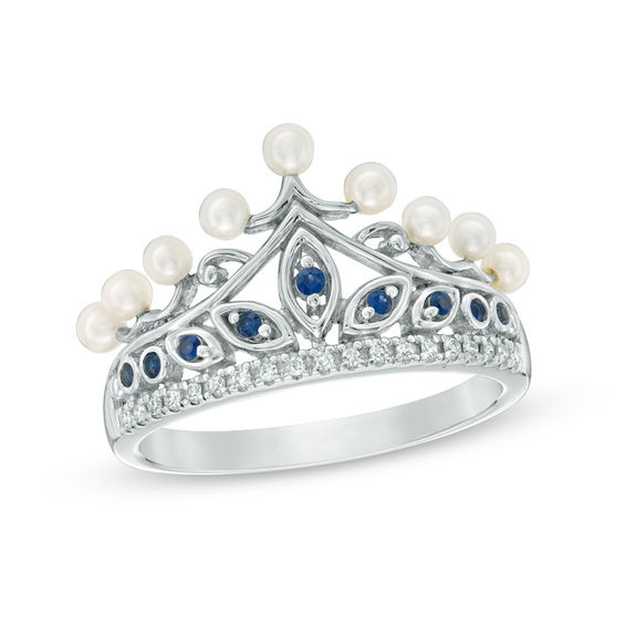 Freshwater Cultured Pearl, Lab-Created Blue Sapphire and 1/20 CT. T.w. Diamond Crown Ring in Sterling Silver