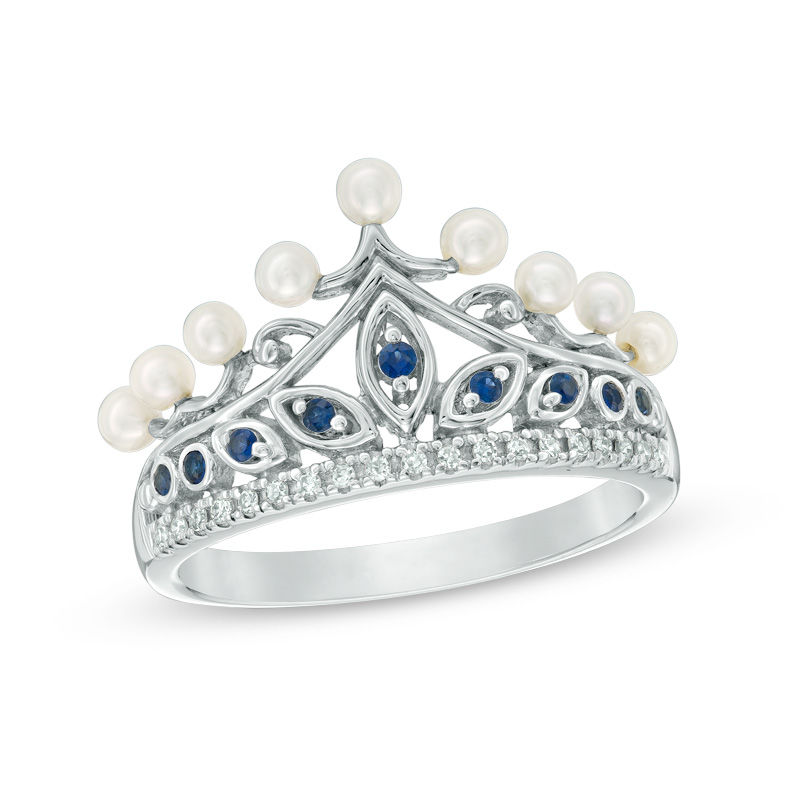 Main Image 1 of Freshwater Cultured Pearl, Lab-Created Blue Sapphire and 1/20 CT. T.W. Diamond Crown Ring in Sterling Silver