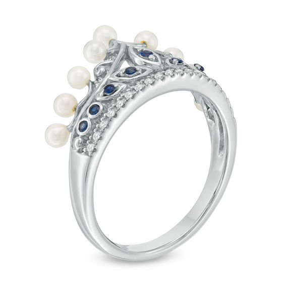 Freshwater Cultured Pearl, Lab-Created Blue Sapphire and 1/20 CT. T.w. Diamond Crown Ring in Sterling Silver