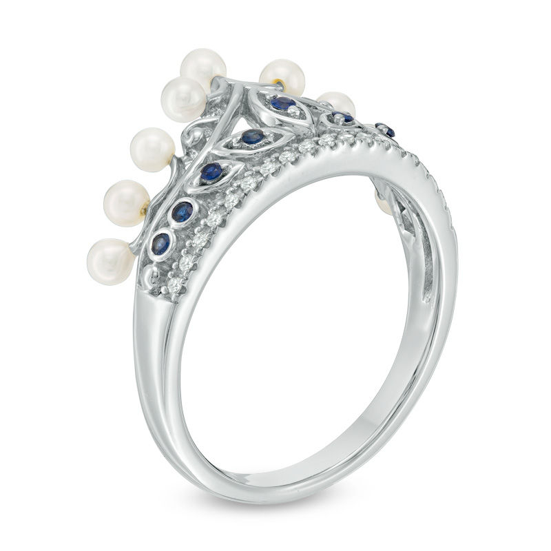 Main Image 2 of Freshwater Cultured Pearl, Lab-Created Blue Sapphire and 1/20 CT. T.W. Diamond Crown Ring in Sterling Silver