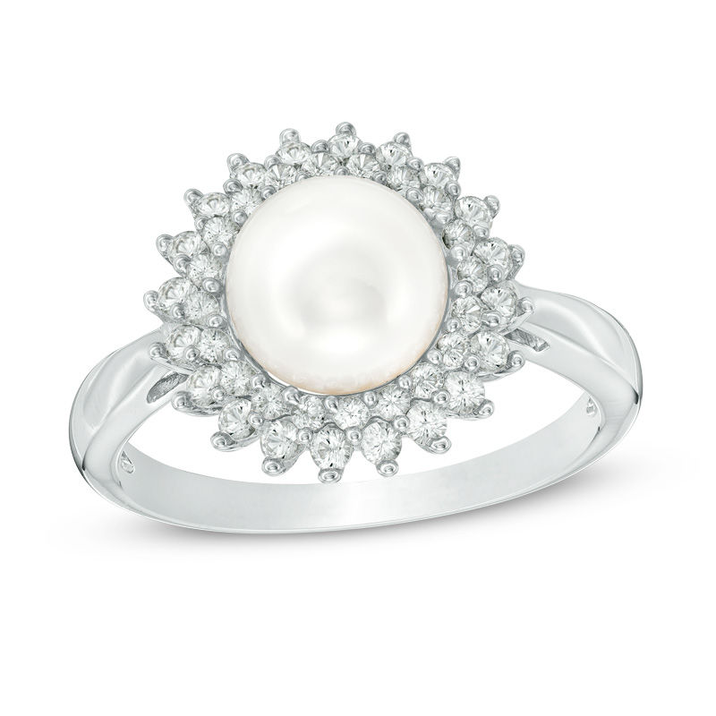 Main Image 1 of 7.5-8.0mm Freshwater Cultured Pearl and Lab-Created White Sapphire Sunburst Frame Ring in Sterling Silver