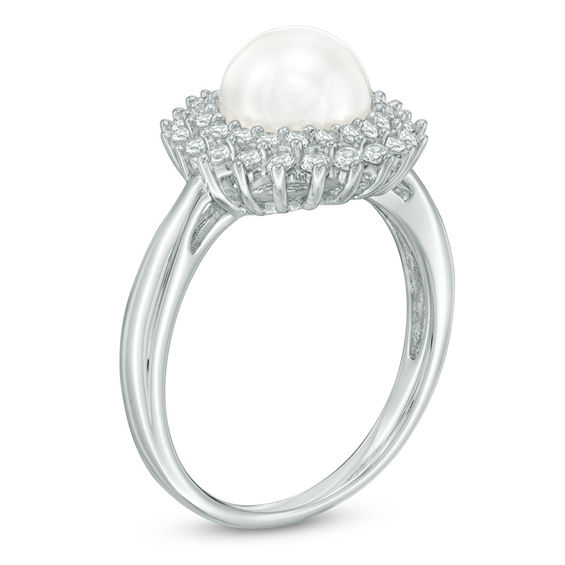 7.5-8.0mm Freshwater Cultured Pearl and Lab-Created White Sapphire Sunburst Frame Ring in Sterling Silver