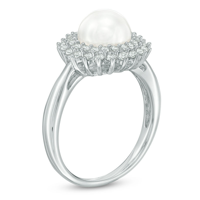 Main Image 2 of 7.5-8.0mm Freshwater Cultured Pearl and Lab-Created White Sapphire Sunburst Frame Ring in Sterling Silver