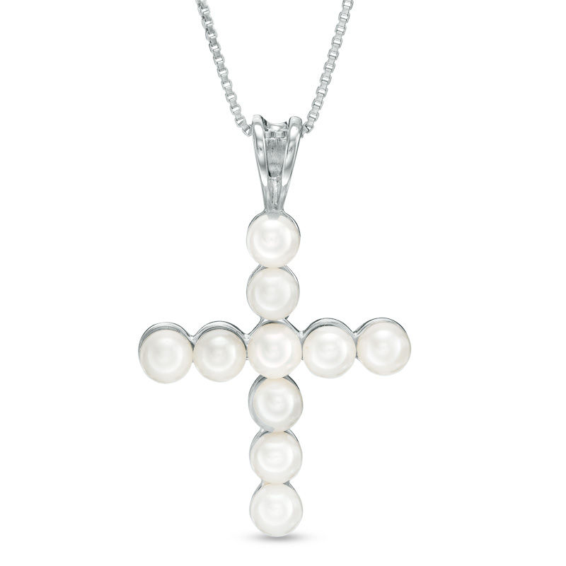 Main Image 1 of 3.0-3.5mm Freshwater Cultured Pearl Cross Pendant in Sterling Silver