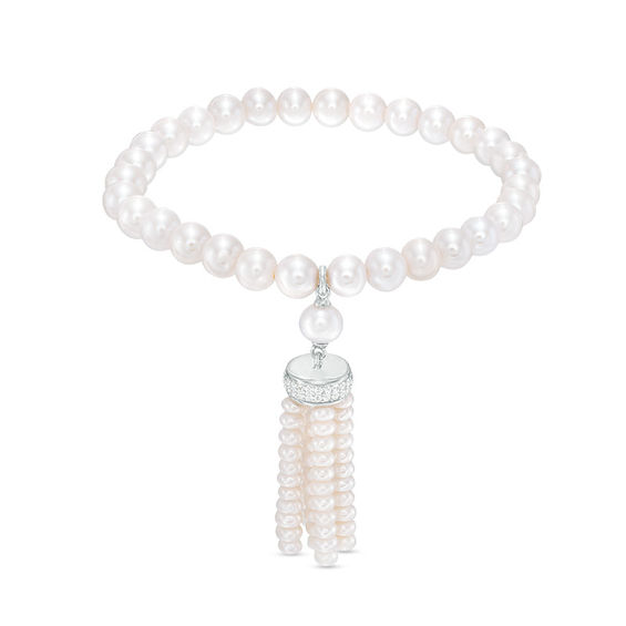 3.5-6.5mm Freshwater Cultured Pearl and Lab-Created White Sapphire Tassel Stretch Bracelet in Sterling Silver-6.5"