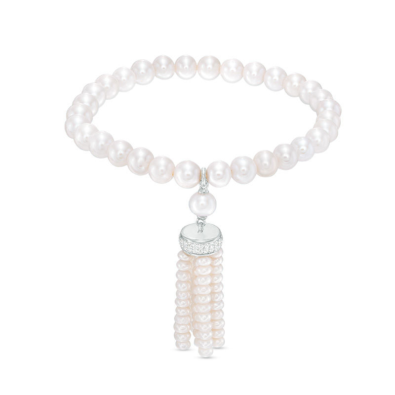 Main Image 1 of 3.5-6.5mm Freshwater Cultured Pearl and Lab-Created White Sapphire Tassel Stretch Bracelet in Sterling Silver-6.5"