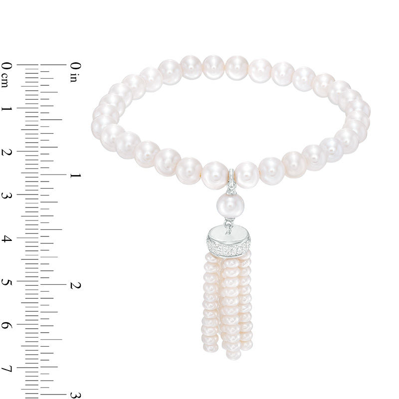 Main Image 2 of 3.5-6.5mm Freshwater Cultured Pearl and Lab-Created White Sapphire Tassel Stretch Bracelet in Sterling Silver-6.5"