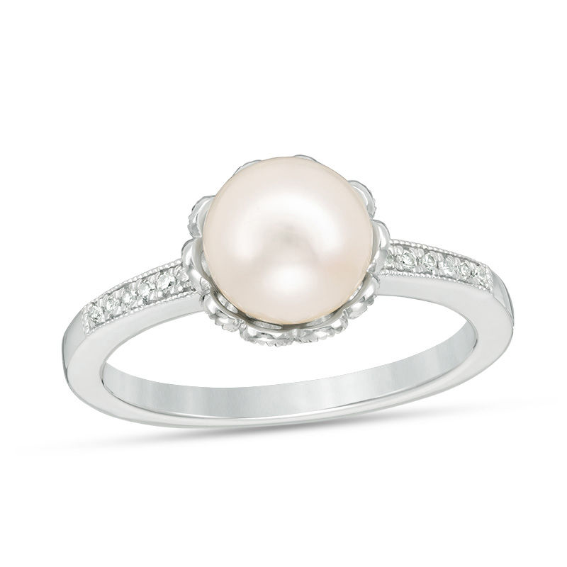 Main Image 1 of Vera Wang Love Collection 7.5-8.0mm Freshwater Cultured Pearl and Diamond Accent Ring in Sterling Silver
