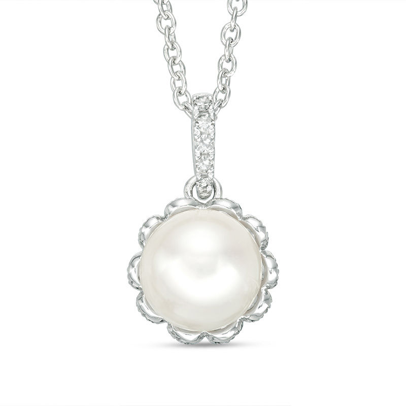 Vera Wang Love Collection 7.5 - 8.0mm Cultured Freshwater Pearl and Diamond Accent Pendant in Sterling Silver - 19"
