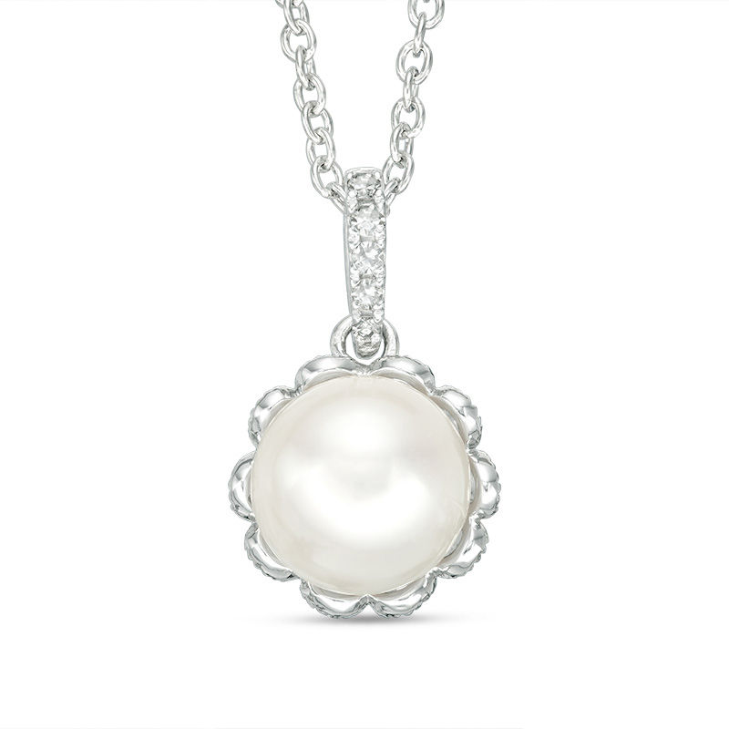 Main Image 1 of Vera Wang Love Collection 7.5-8.0mm Freshwater Cultured Pearl and Diamond Accent Pendant in Sterling Silver-19"
