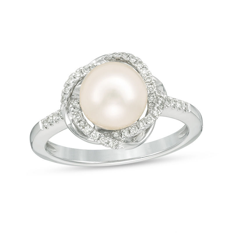 Vera Wang Love Collection 8.0-8.5mm Cultured Freshwater Pearl 1/8 CT. T.W. Diamond Ring in Sterling Silver