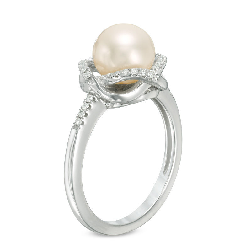 Vera Wang Love Collection 8.0-8.5mm Cultured Freshwater Pearl 1/8 CT. T.W. Diamond Ring in Sterling Silver