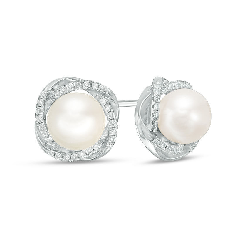 Main Image 1 of Vera Wang Love Collection 7.5-8.0mm Freshwater Cultured Pearl and 1/5 CT. T.W. Diamond Stud Earrings in Sterling Silver