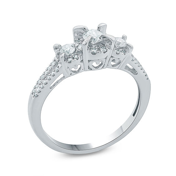 1/4 CT. T.w. Diamond Frame Three Stone Split Shank Promise Ring in 10K White Gold