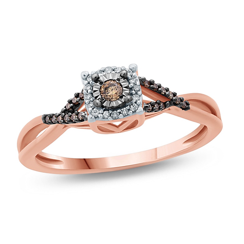 Main Image 1 of 1/10 CT. T.W. Champagne and White Diamond Frame Twist Shank Promise Ring in 10K Rose Gold