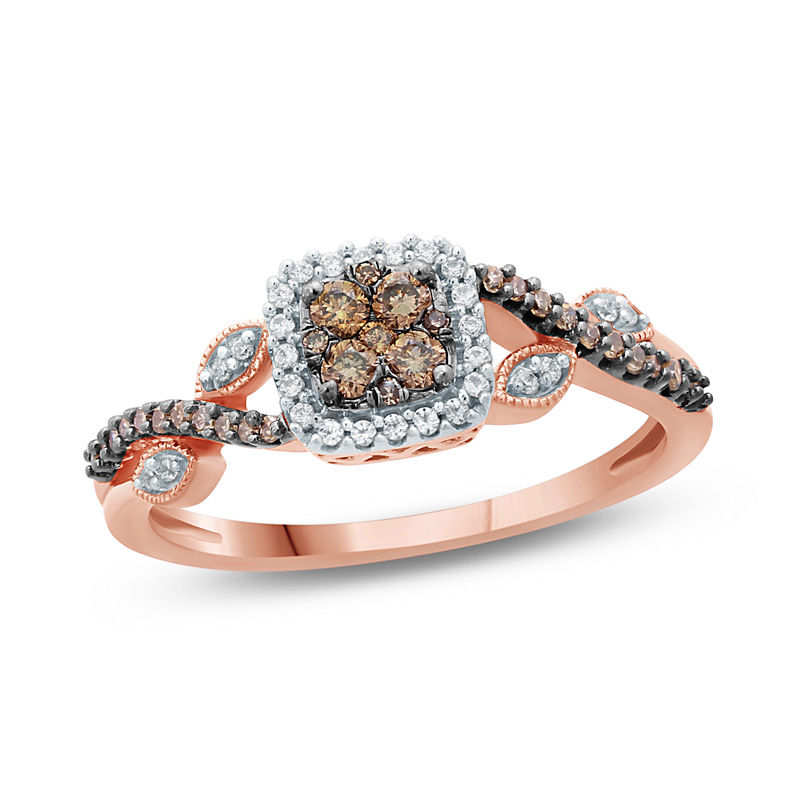Main Image 1 of 1/4 CT. T.W. Composite Champagne and White Diamond Square Frame Vine Promise Ring in 10K Rose Gold