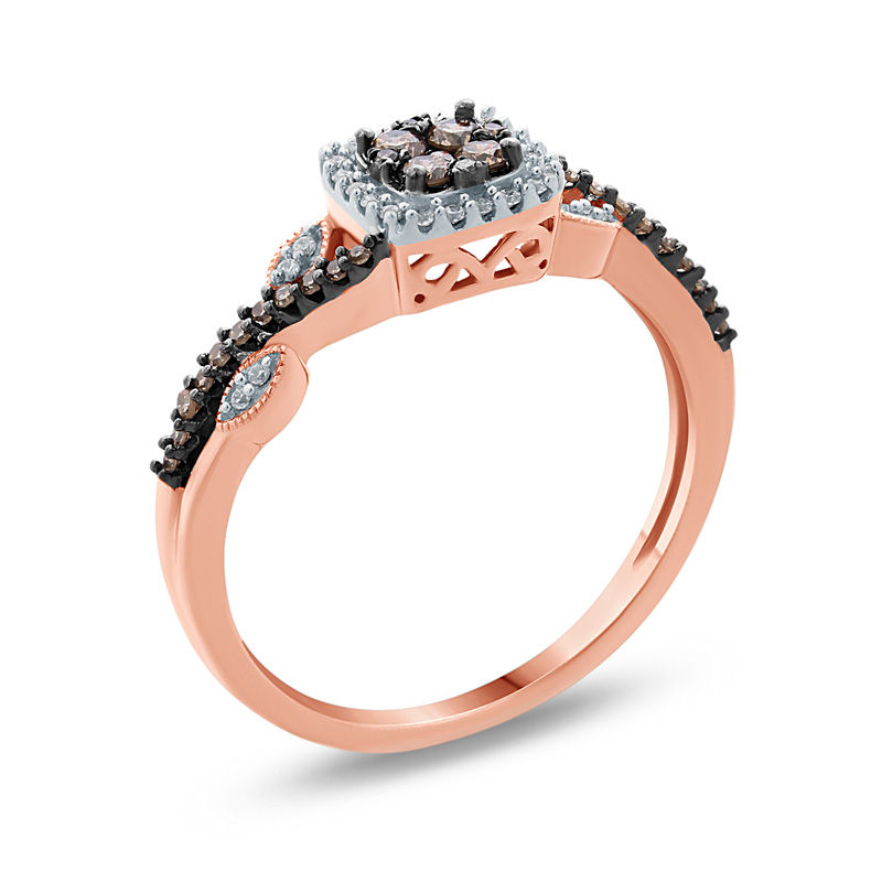 Main Image 2 of 1/4 CT. T.W. Composite Champagne and White Diamond Square Frame Vine Promise Ring in 10K Rose Gold