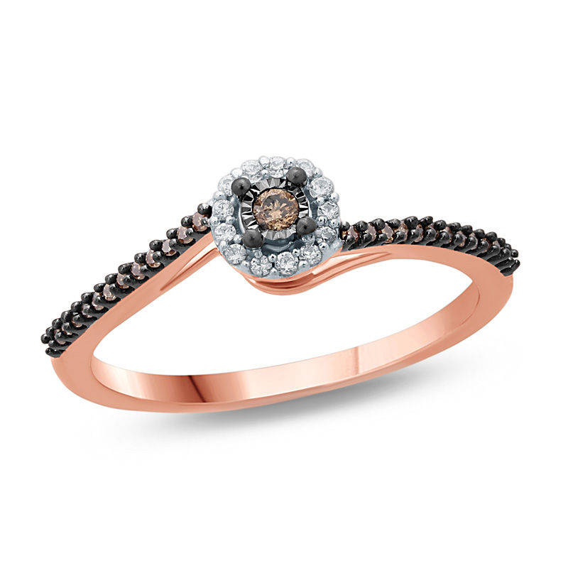 Main Image 1 of 1/6 CT. T.W. Champagne and White Diamond Frame Bypass Promise Ring in 10K Rose Gold